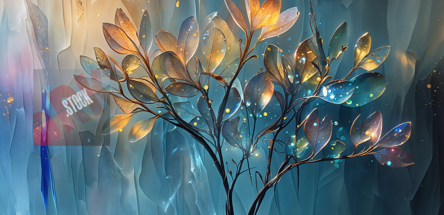 Silver and iridescent abstract flower with glowing golden center.