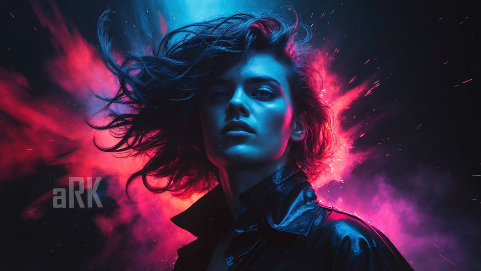 Bold woman with windblown hair and neon pink-blue background resembling an explosion of light.