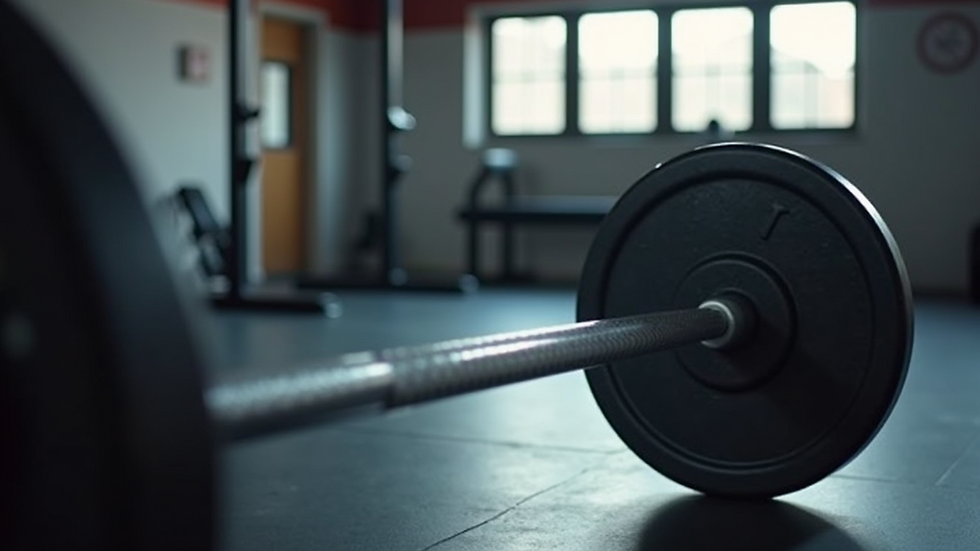 Eye-level view of a barbell loaded with weights on a gym floor