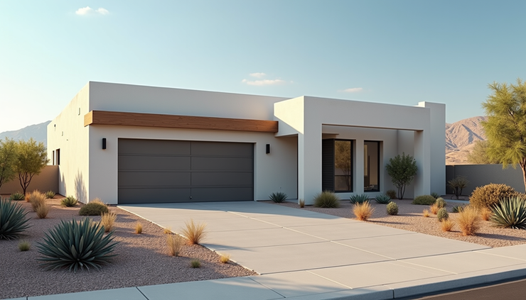 Eye-level view of a modern Las Vegas home exterior with desert landscaping