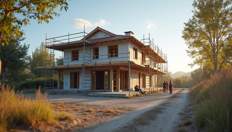 Eye-level view of a residential home under construction with scaffolding and workers