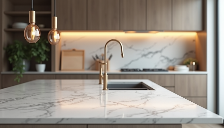 Close-up view of a modern kitchen island with quartz countertop and pendant lighting