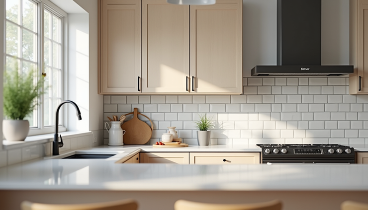Close-up view of a newly finished residential kitchen with modern cabinetry and countertops