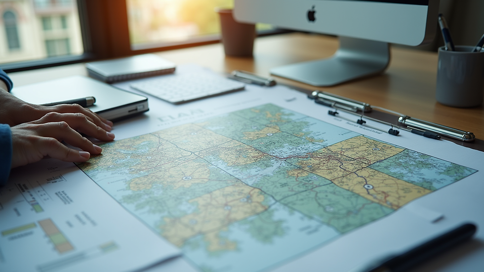 Plano topográfico digital en pantalla de computadora con gráficos y mapas