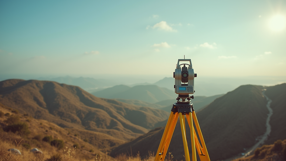 Vista aérea de equipo topográfico realizando mediciones en terreno montañoso