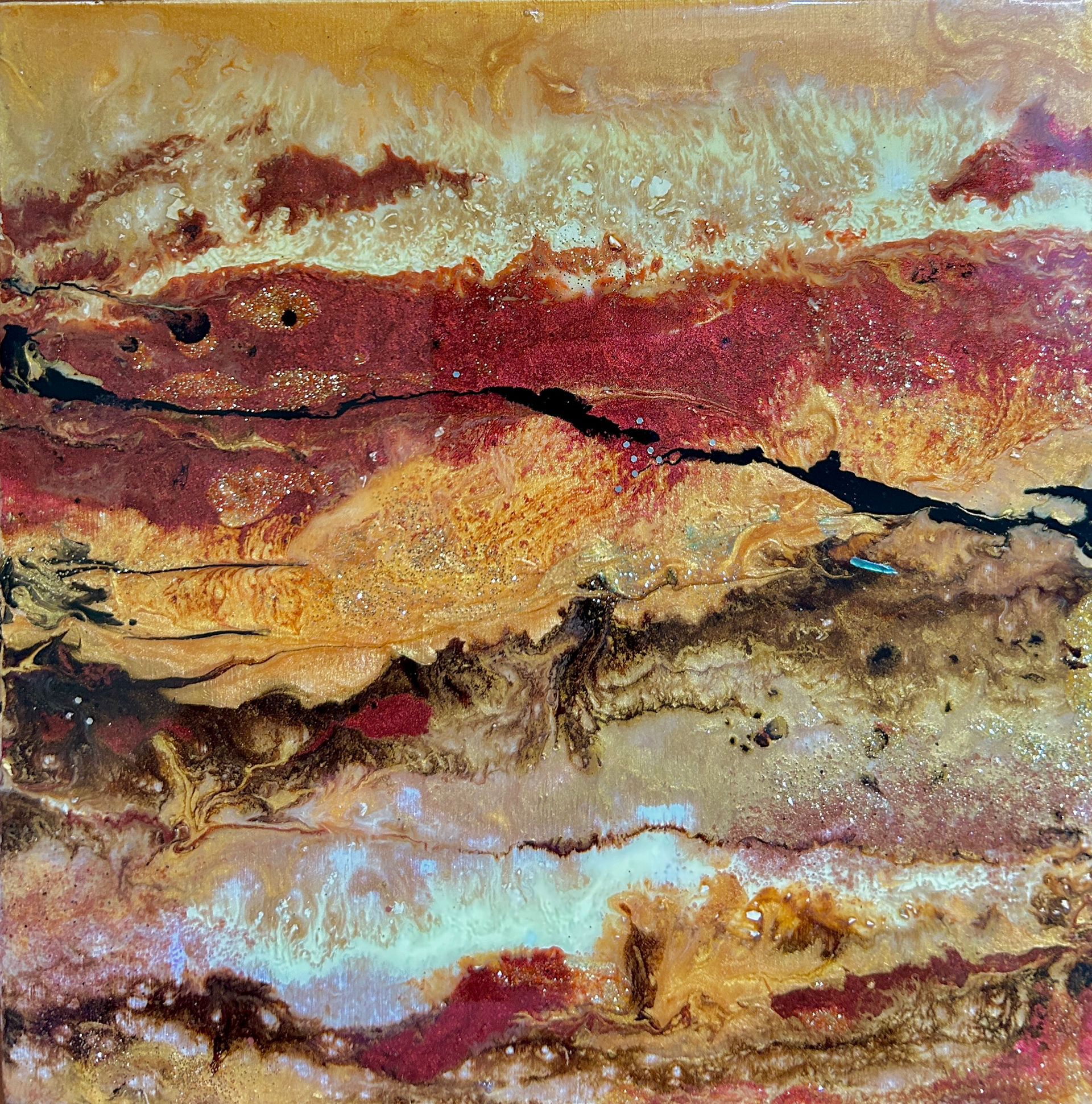 Mixed media on panel with a resin finish