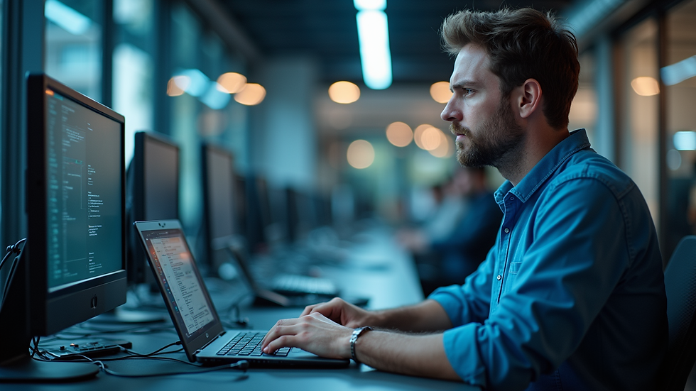 Vue en plongée d’un technicien informatique travaillant sur un ordinateur portable
