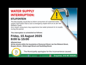 Friday Water Supply Interruption Scheduled for Parts of Stilfontein