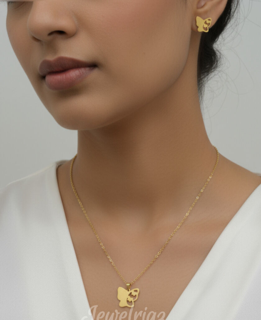 Thumbnail: Jewelriaz Anti-Tarnish Gold Plated Butterfly Chain Pendant with Earrings