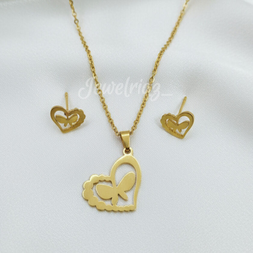 Jewelriaz Anti-Tarnish Gold Plated Butterfly Heart Chain Pendant with Earrings