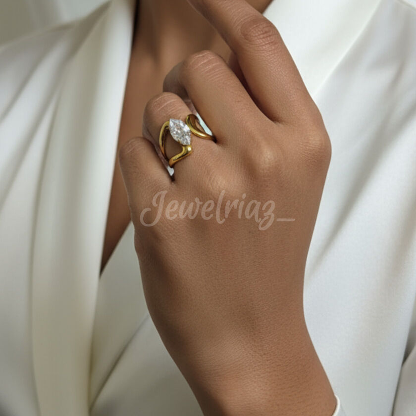 Thumbnail: Jewelriaz Anti-Tarnish Gold Plated Elongated Diamond Ring