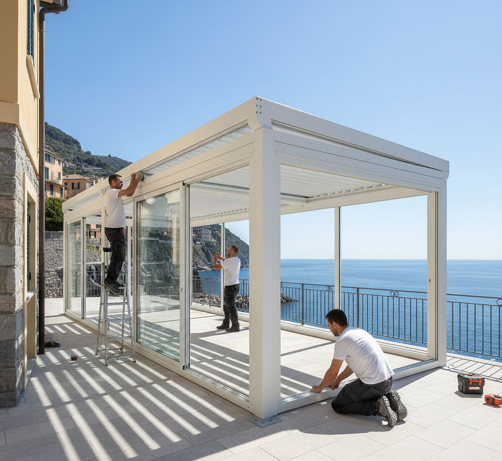 Squadra Linea Vetro Serramenti che monta una pergola bioclimatica in alluminio con vetrate scorrevoli su terrazza vista mare