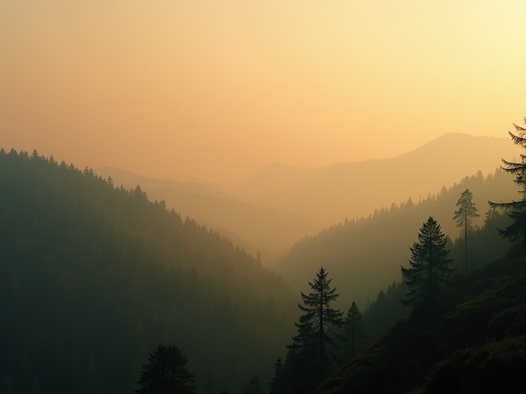 A vast forest valley covered in a soft layer of atmospheric wildflower haze under a muted sun.