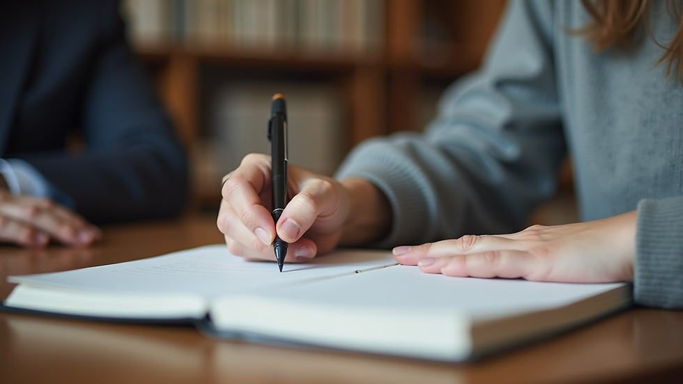 Close-up view of a person writing in a journal during a coaching session