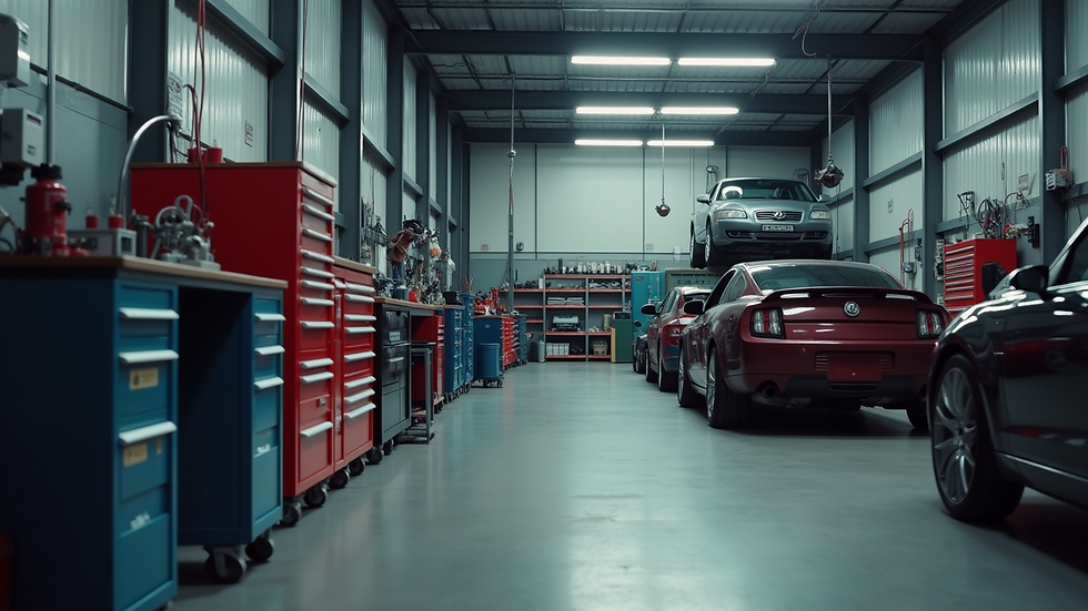Eye-level view of a well-organized auto repair shop with tools and equipment