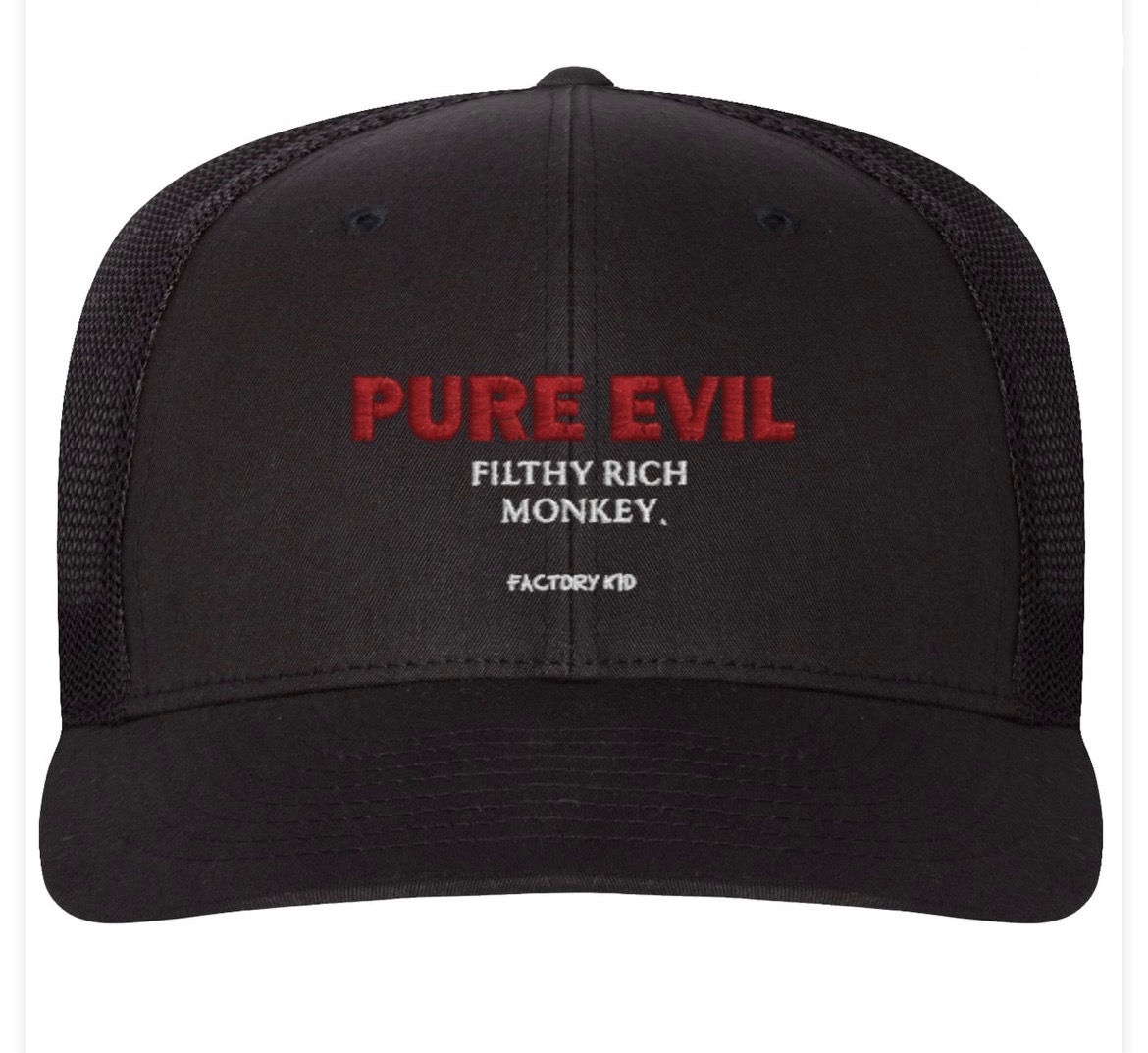 Filthy Rich Monkey x PURE EVIL hats via Factory Kid