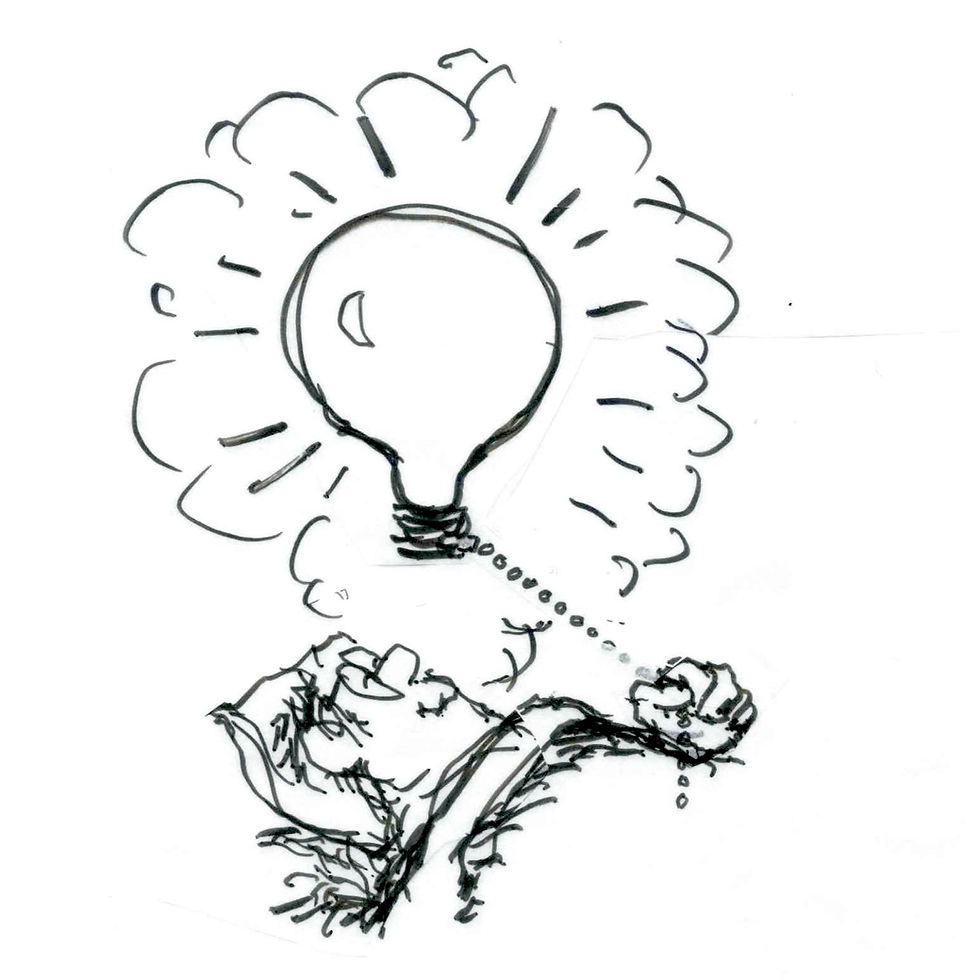Cartoon of a man sleeping with a cloud above his head featuring a brightly glowing lightbulb. Illustration by Earle Levenstein.