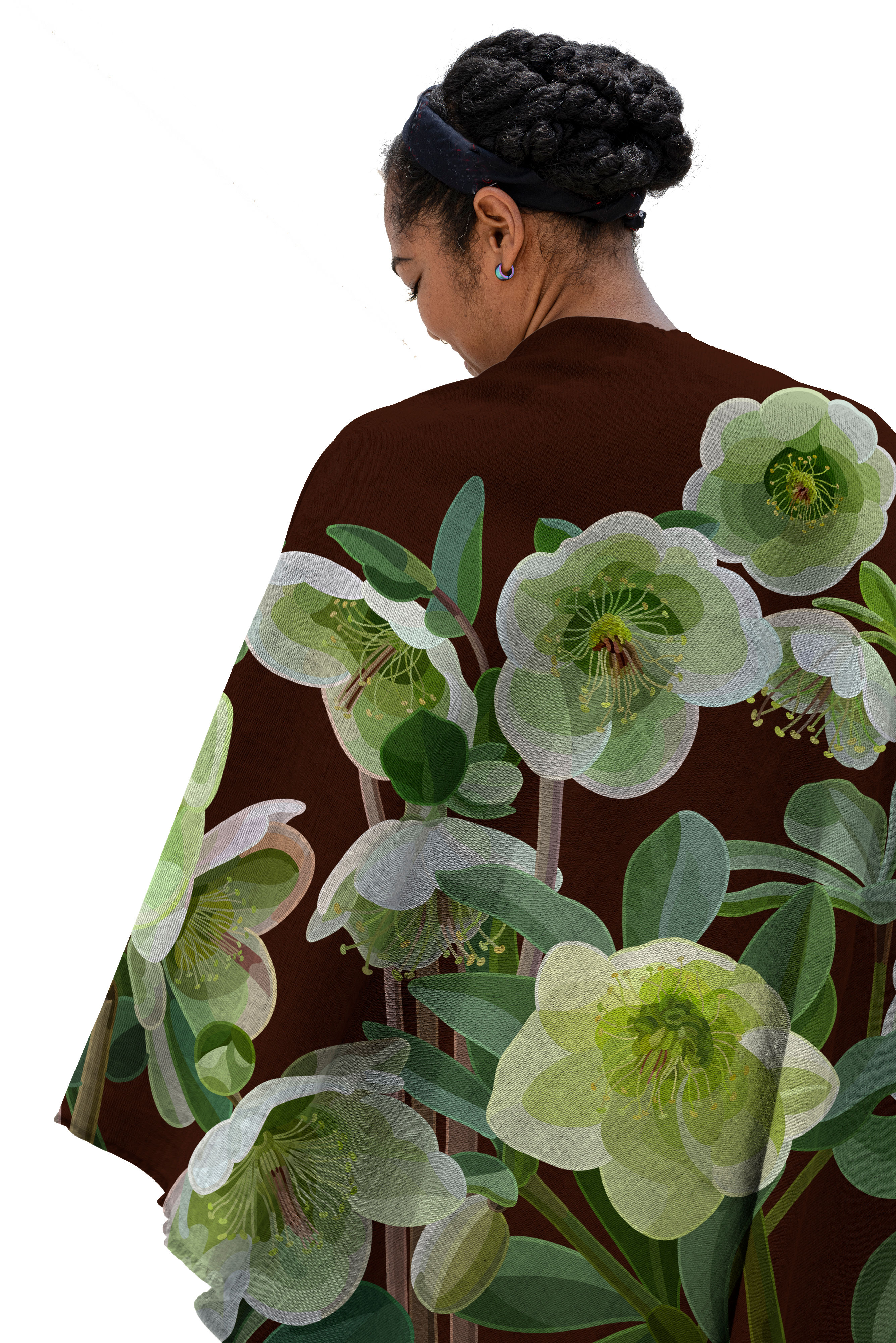 Helebores on Chocolate Poly Satin Wrap