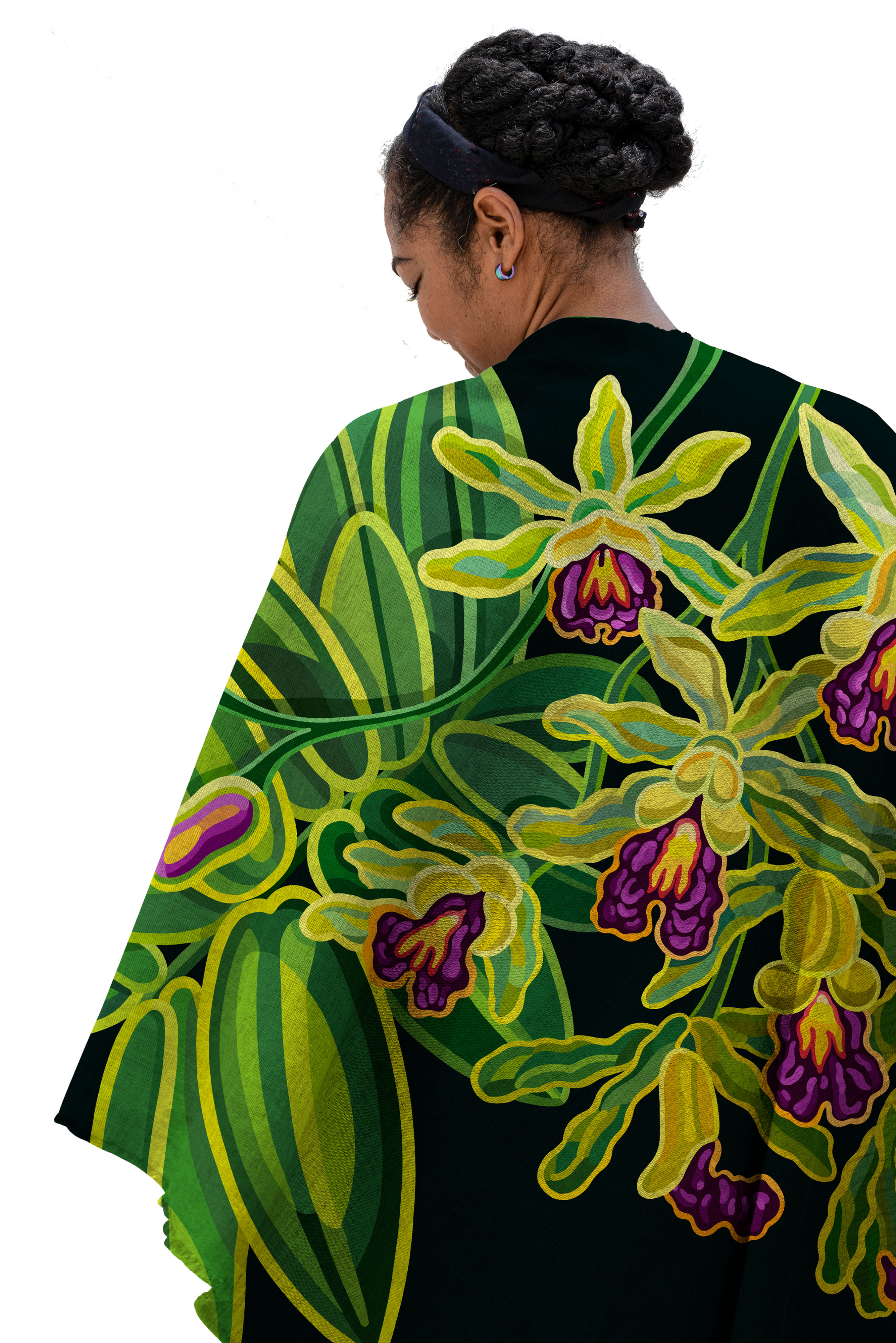 Banana Orchid on Jet Poly Satin Wrap