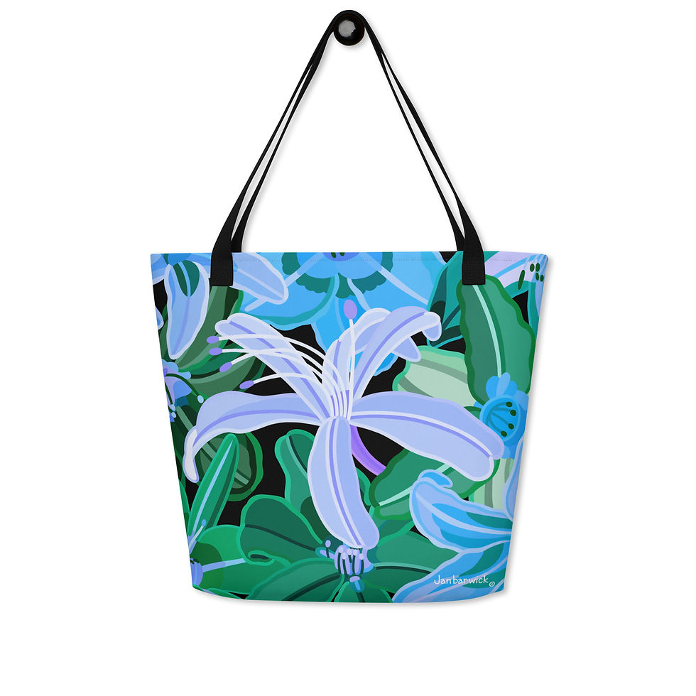 Thumbnail: Day Lilies Blues on Jet Tote Bag with Pocket