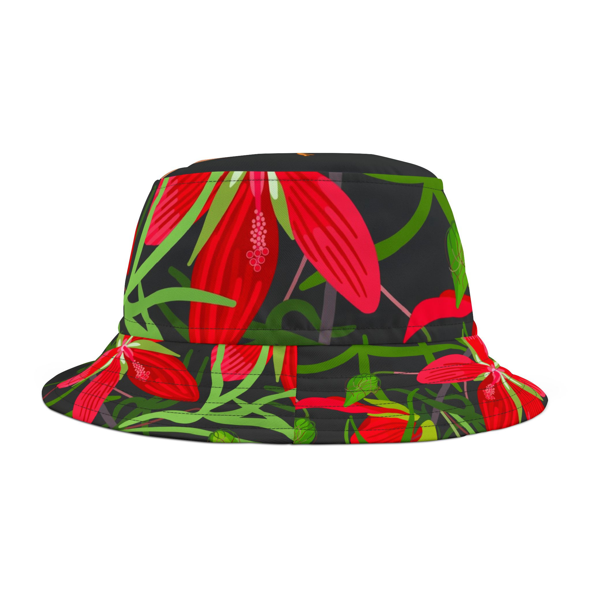 Painted Bunting and Scarlet Rosemallow Hibiscus on Jet Bucket Hat 