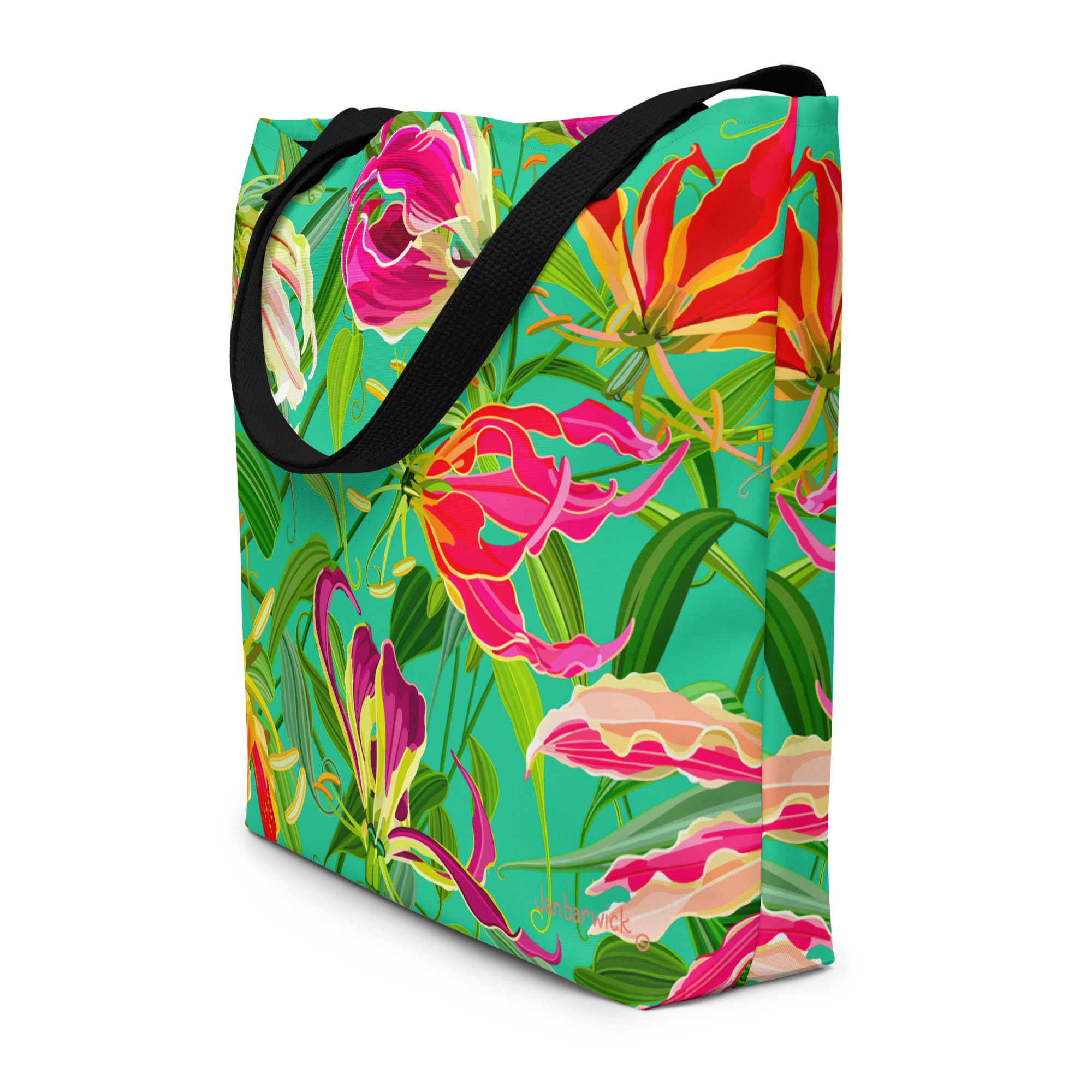 Flame Lilies on Mint Tote Bag with Pocket