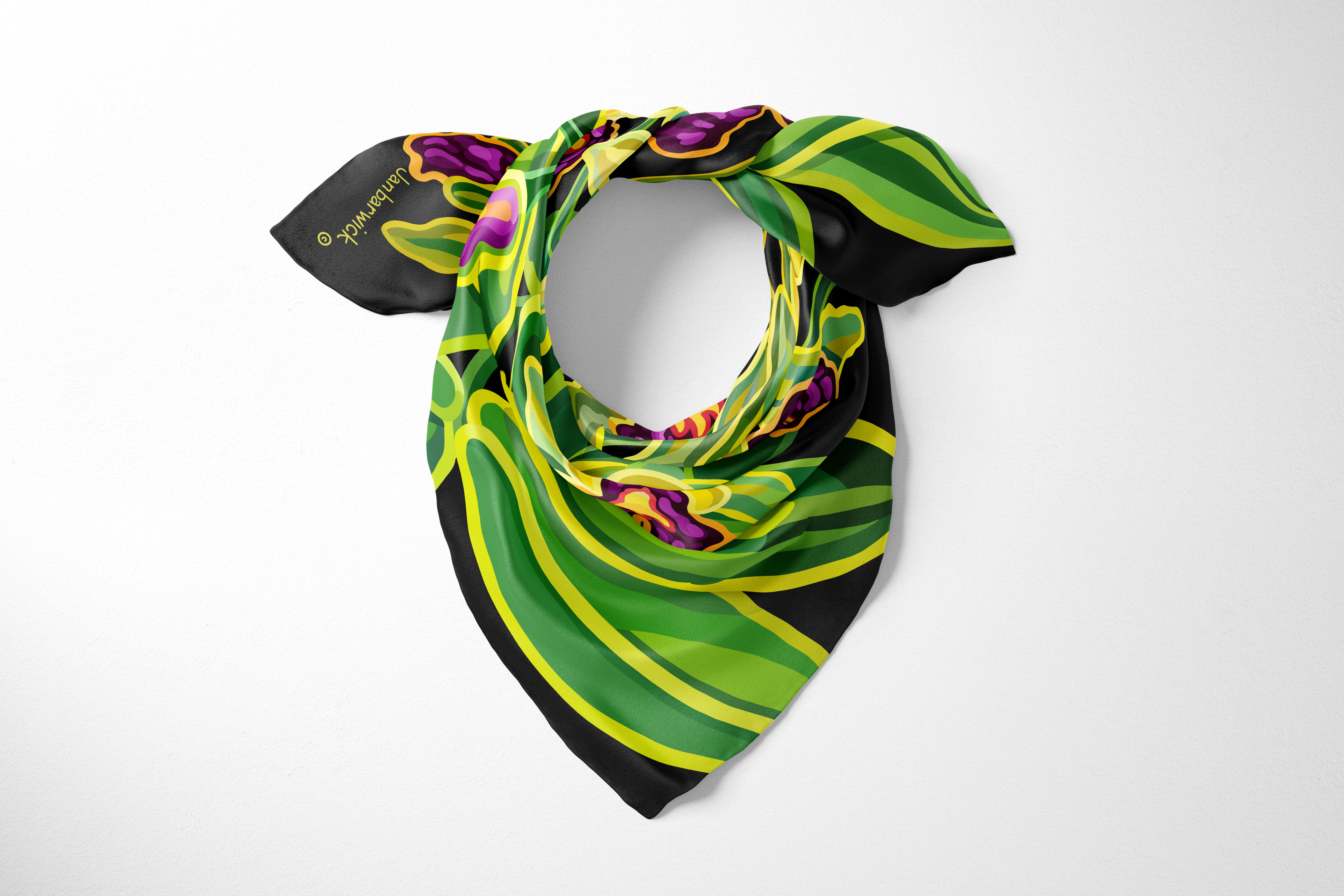 Banana Orchid on Jet Mini Silk Scarf