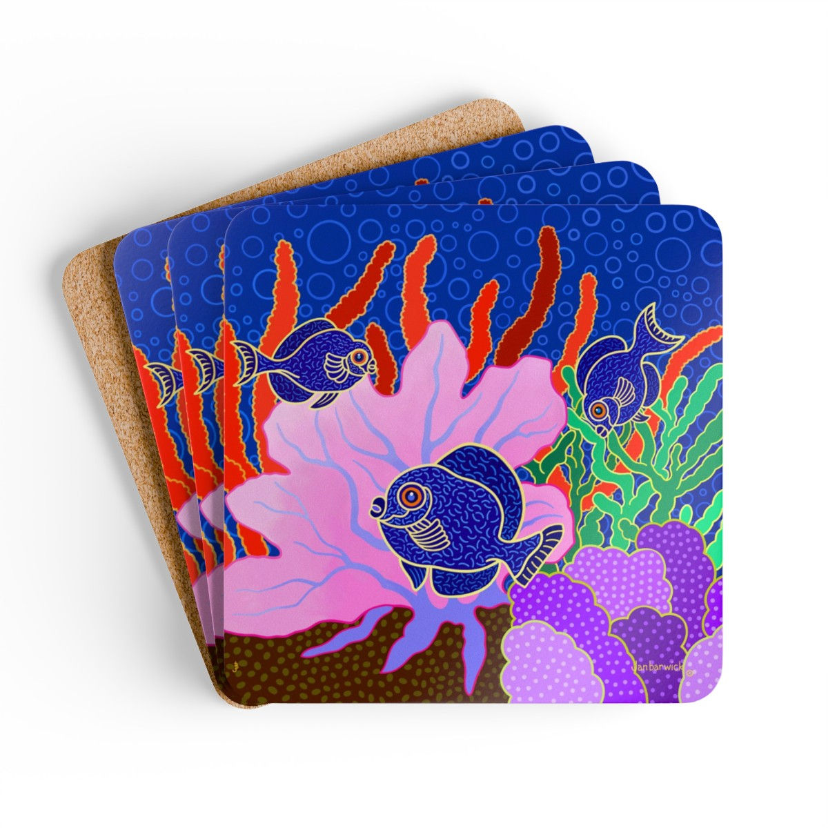 Blue Tangs Corkwood Coaster Set