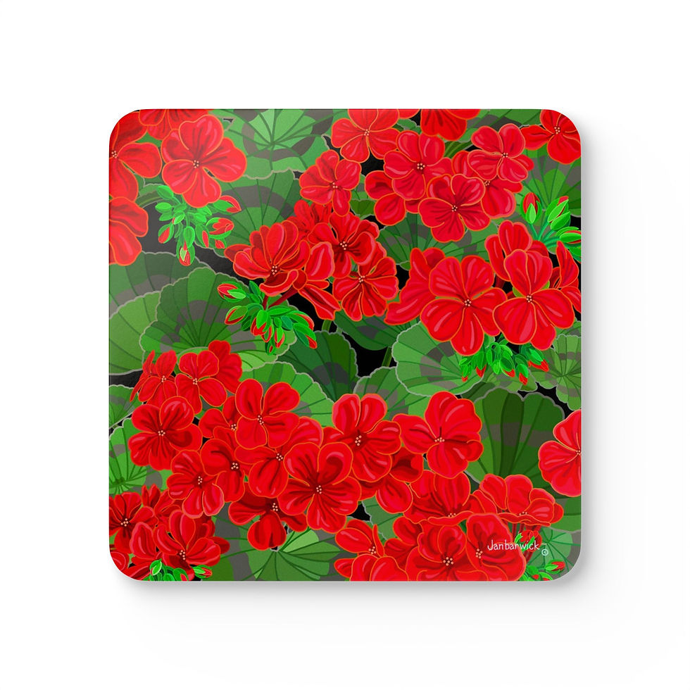 Thumbnail: Geraniums on Jet Corkwood Coaster Set