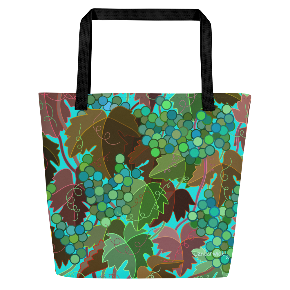 Grapes Teals and Browns on Sky  All-Over Print Large Tote Bag