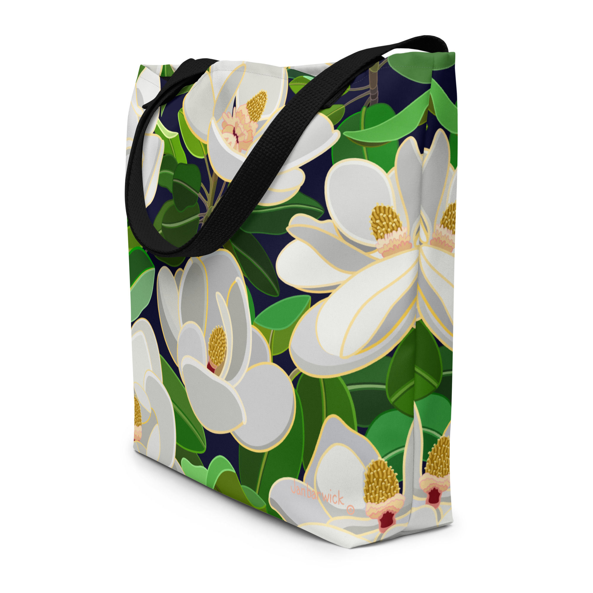 Magnolia on Navy Tote Bag with Pocket
