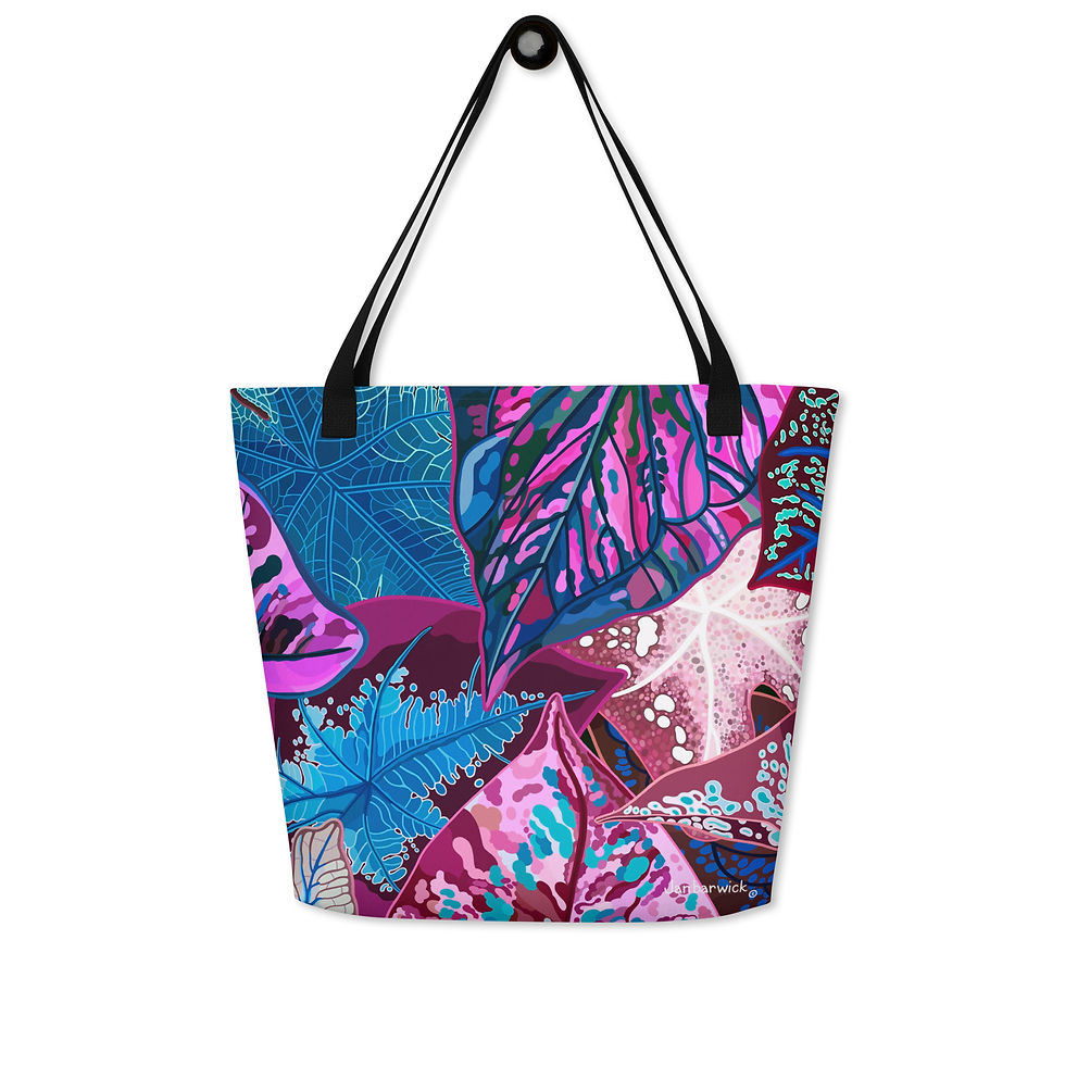 Thumbnail: Caladiums Blue and Magenta Large Tote Bag with Pocket