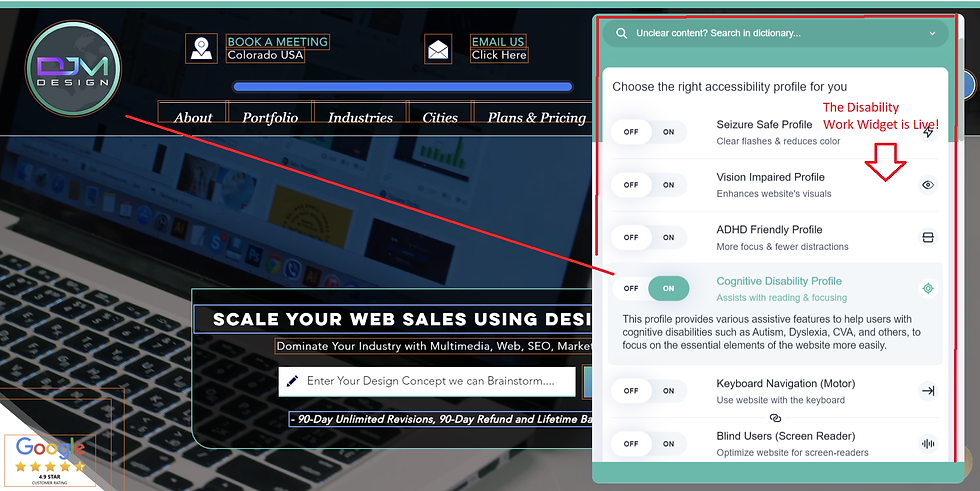 The open accessible widget on www.djm.design live on site