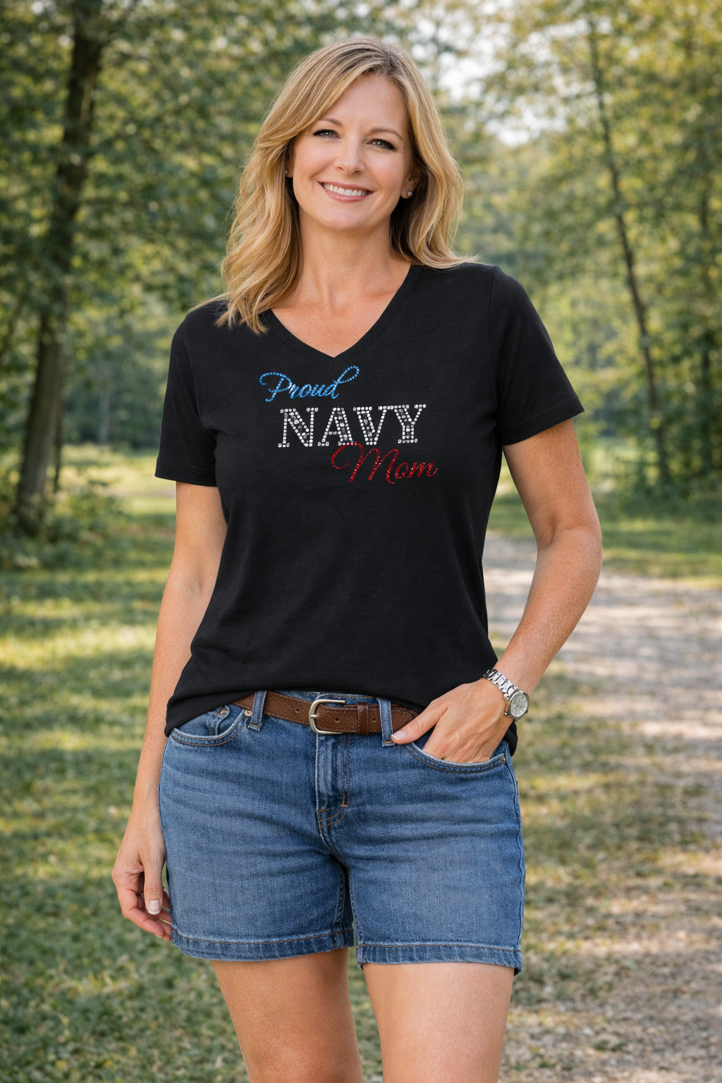 Proud Navy Mom Rhinestone Shirt