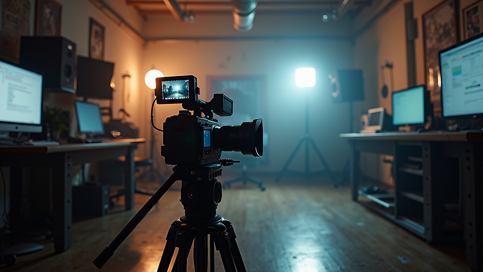 Eye-level view of a film editing space with equipment