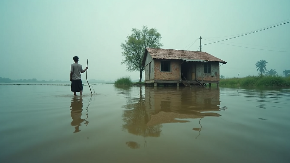 Eye-level view of a flooded home in the Brahmaputra floodplains