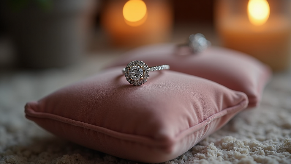 Eye-level view of sparkling diamond ring on a velvet cushion
