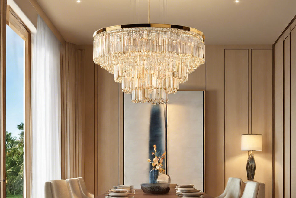 dining room with statement crystal chandelier