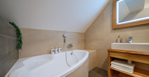 Vana, wc, bidetová sprcha, mýdlo na ruce, šampon, kondicionér, ručníky. toaletní papír, fén na vlasy