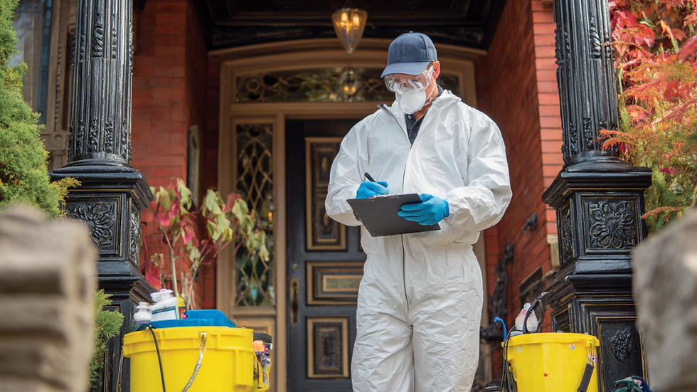 Death cleanup technician in PPE reviewing a checklist outside a Washington home