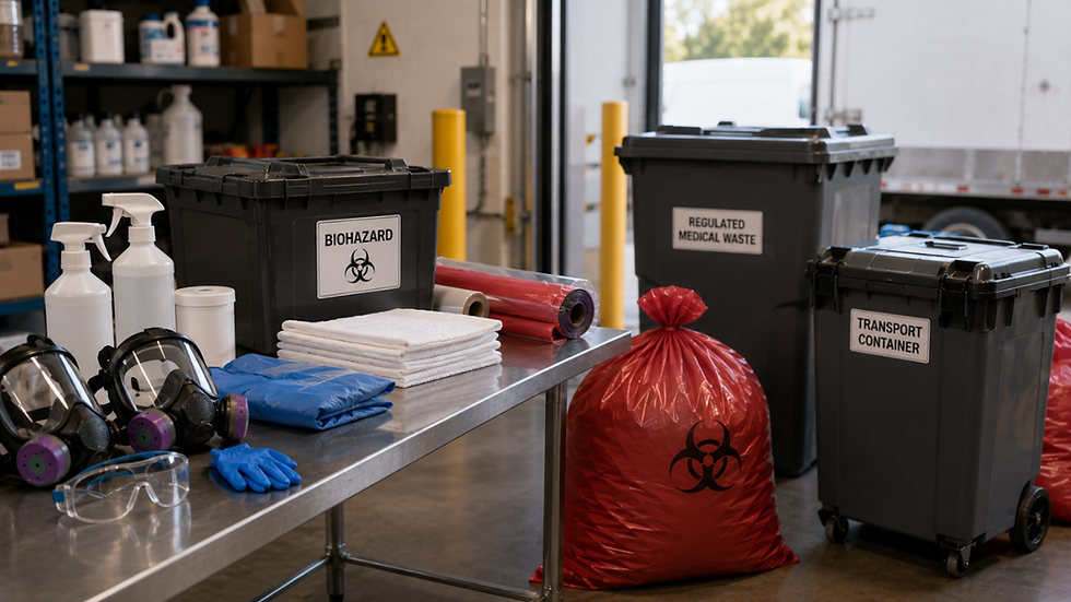 Biohazard disposal in Seattle with labeled waste containers and cleanup supplies.