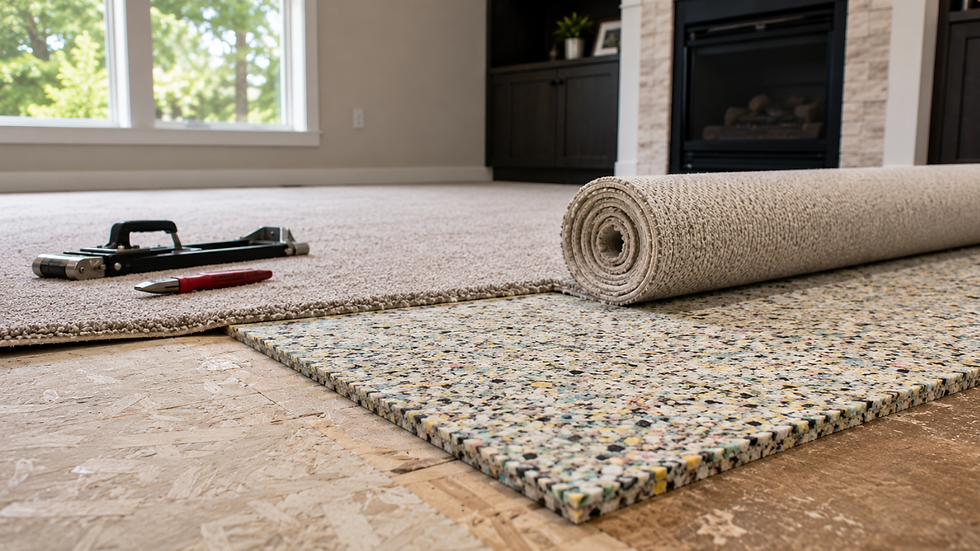 Carpet padding laid out with rolled carpet before installation in a living room.