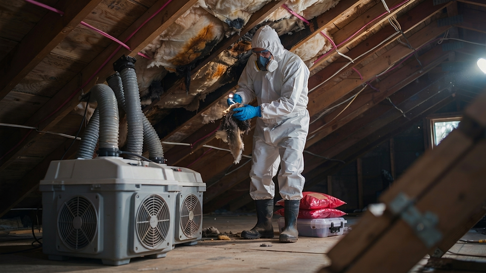 Technician removing contaminated attic insulation during professional rodent feces cleanup in Seattle.