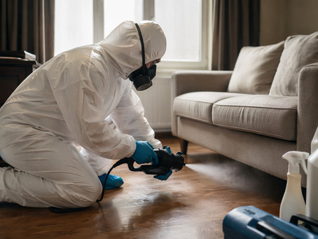 Technician performing professional odor removal after death cleanup in a Seattle living room