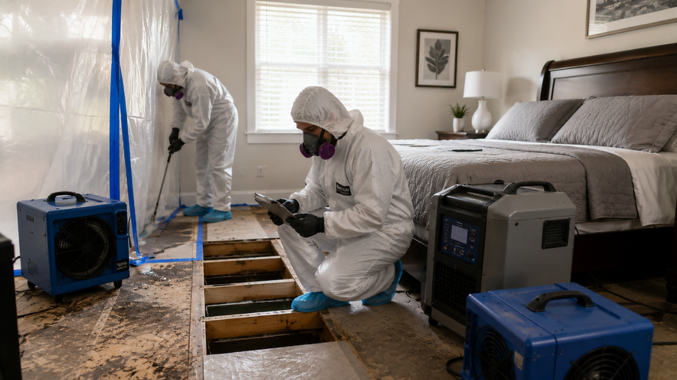 Post-mortem decontamination team assessing flooring and cleanup timeline.