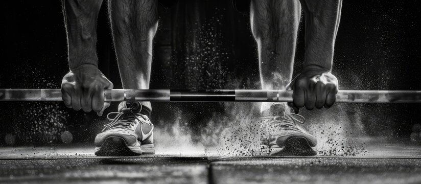 An athlete focuses intensely as they prepare to perform a Romanian Deadlift, gripping the barbell firmly with chalk-covered hands. Dust rises around their steady stance, showcasing a moment of strength and determination.