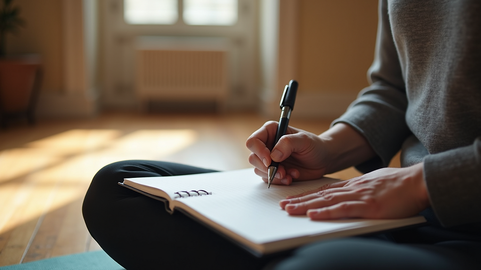 Close-up view of a person writing notes during an iRest Yoga Nidra training session