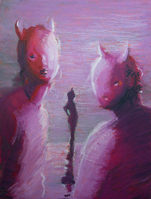 Two pink horned figures look toward us, visible from the waist up. The silhouette of a third figure in the distance is visible between the two foreground figures.