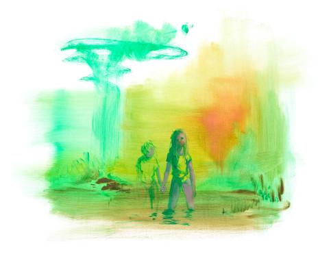 Two figures of girls holding hands  are sketched in. The stand thigh deep in an abstract green swamp.