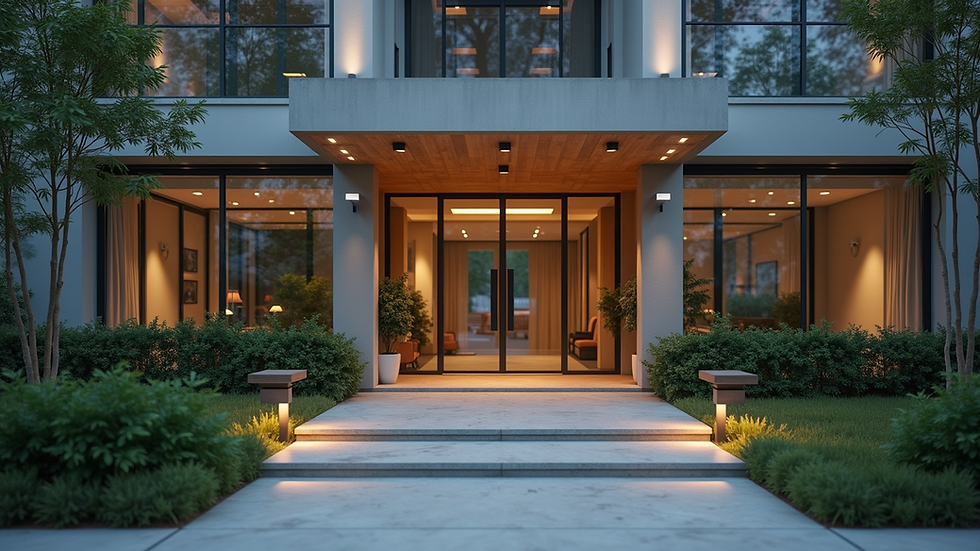 Close-up view of a modern apartment building’s entrance